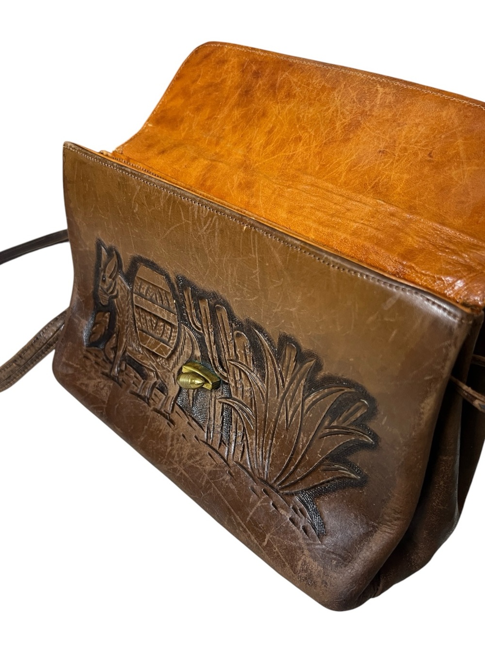 Vintage Mexican Tooled Leather Eagle Aztec Calendar Crossbody Bag Purse - Picture 4 of 14